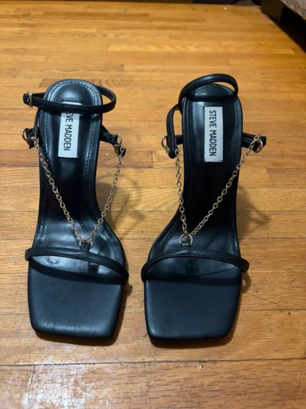 Steve Madden black leather square toe heels with gold chain detail
